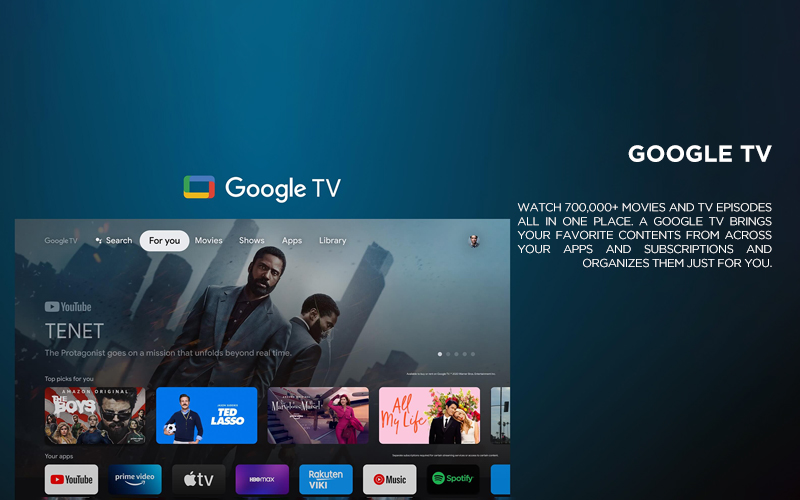 GOOGLE TV - Watch 700,000+ movies and TV episodes all in one place. A Google TV brings your favorite contents from across your apps and subscriptions and organizes them just for you.